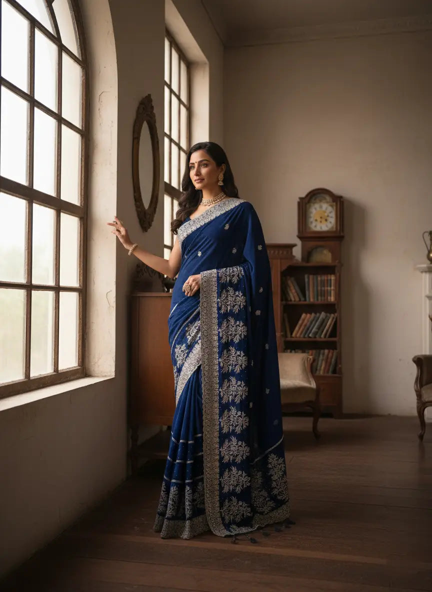 Embroidered Royal Blue Indian Saree
