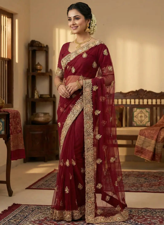Embroidered Indian Maroon Saree