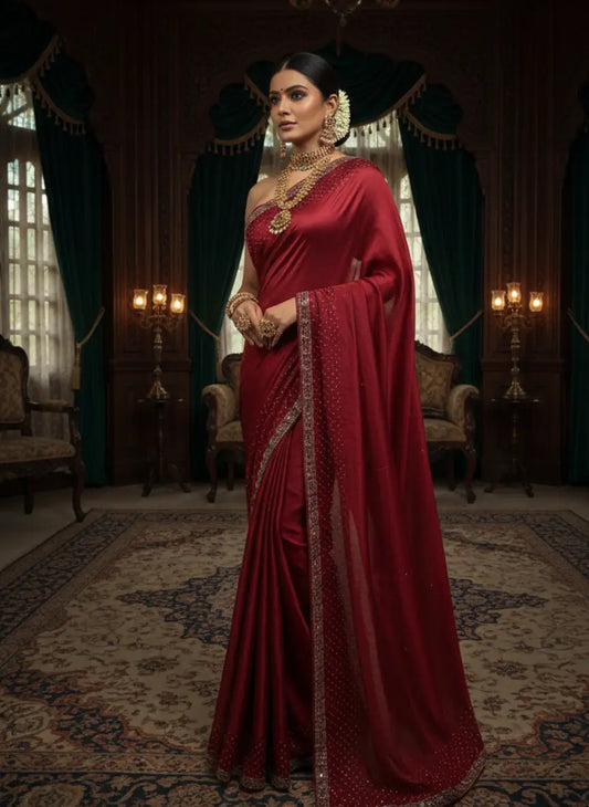 Embroidered Deep Maroon Indian Silk Saree
