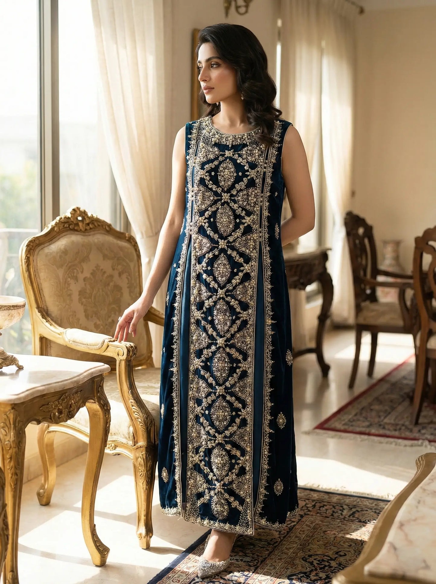 Handmade Embroidered Velvet Long Shirt